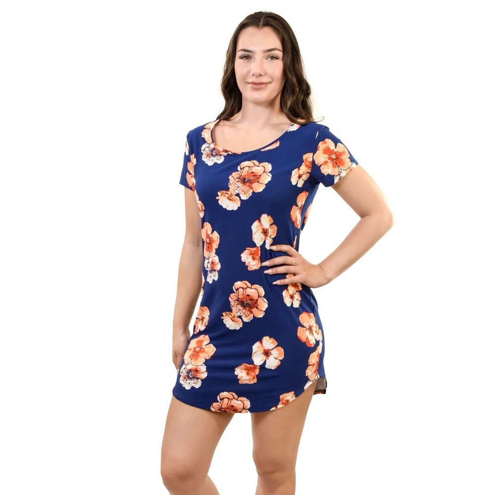 YOUNG USA WOMEN'S COMFY FLORAL T-SHIRT DRESS Navy orange M